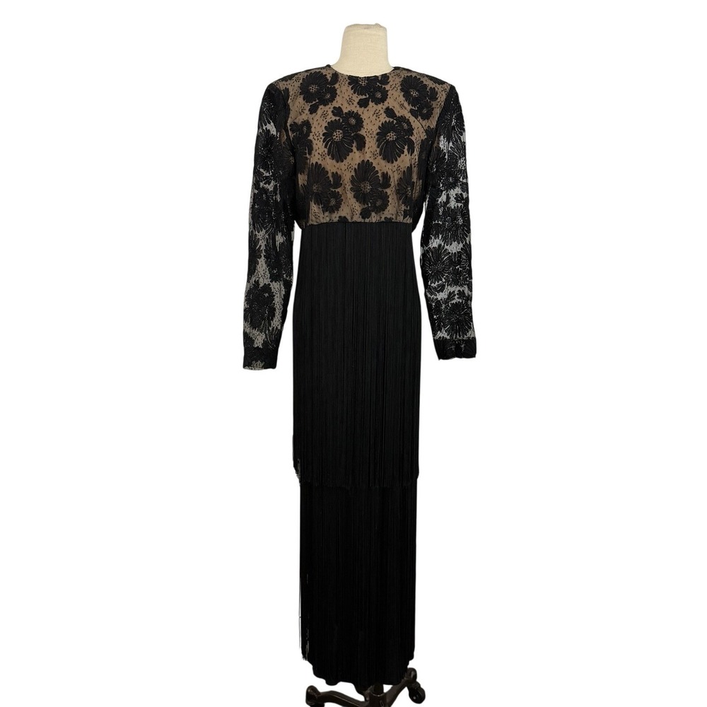 Vintage Richilene New York  Joseph‎ The Furrier Lace Tiered Fringe Maxi Gown